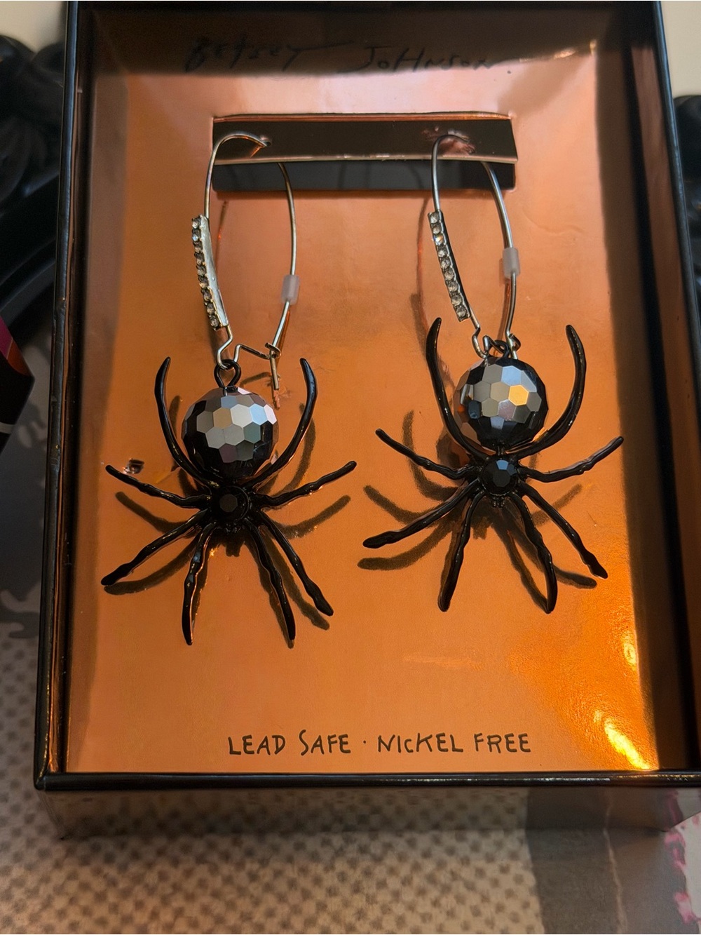 Betsey Johnson Black Spider Dangle Earrings with Faceted Beads